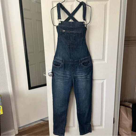 Blank NYC Crossover Distressed Denim Overalls Size 30 Medium Wash Zip Accent - Picture 3 of 16